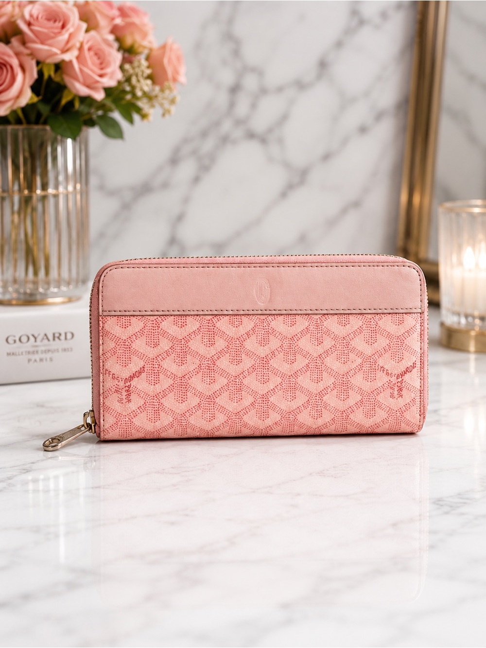 Goyard Sakura Rare Pink GM Zip Around Wallet Goyardine Leather Includes Box